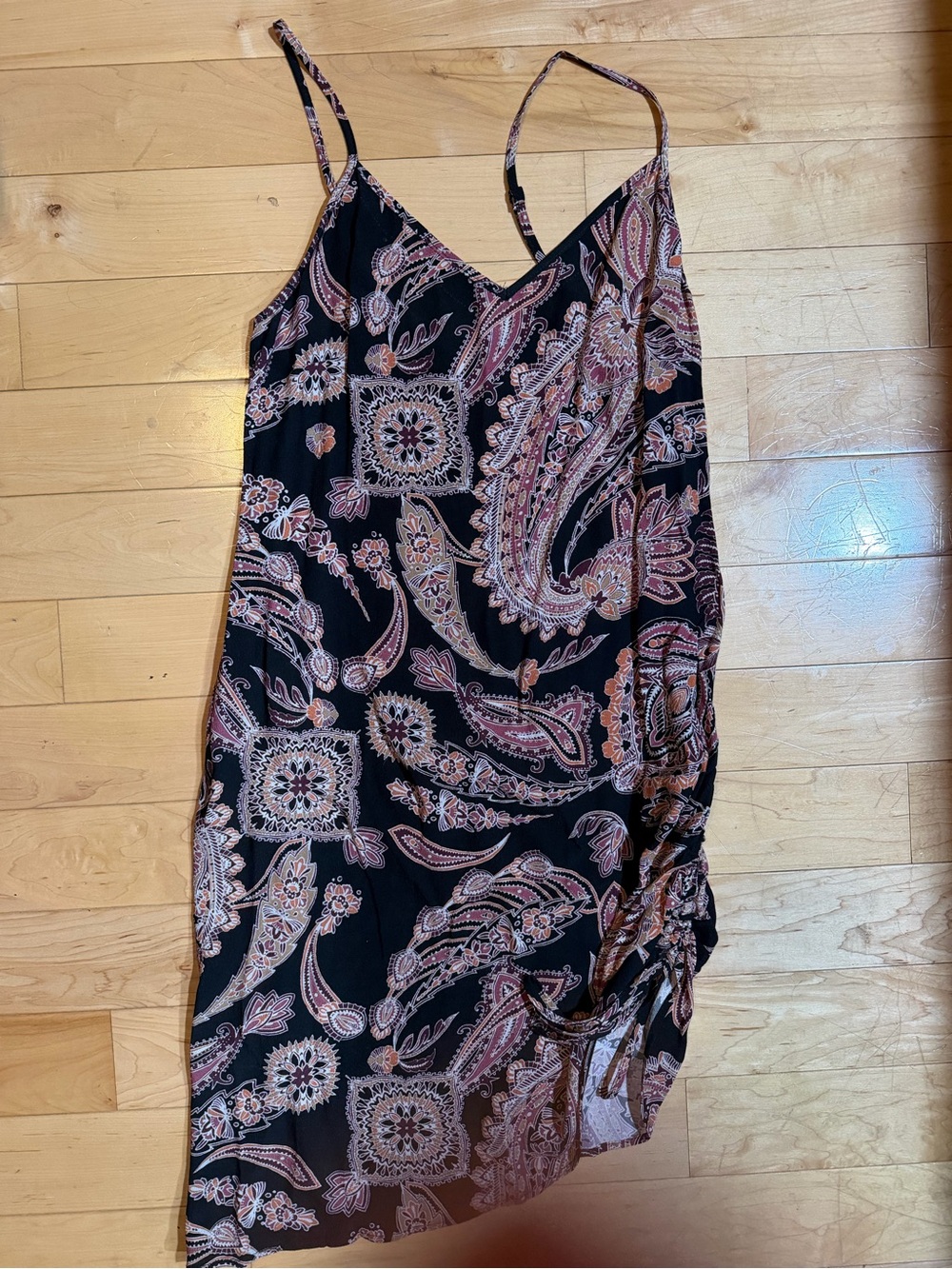 Women’s Black Paisley Slip Dress with rouched side